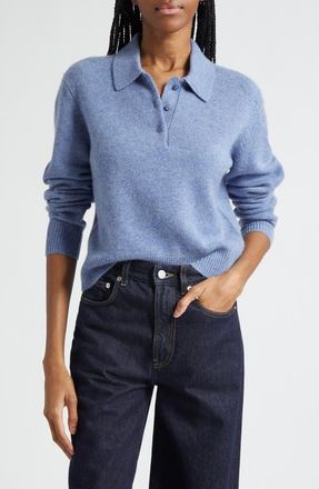 Sporty & Rich Embroidered Logo Cashmere & Wool Polo Sweater in Colony Blue at Nordstrom, Size X-Small