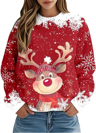 Generic Merry Christmas Jumpers for Women UK Xmas Tree Santa Claus Jumper Sweatshirt Pullover Snowflakes Candy Canes Loose Fit Dwarf Funny Sweater Fairy Angel