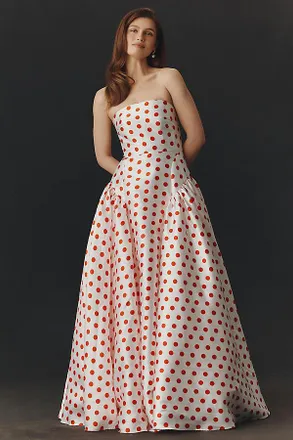 Mac Duggal White Strapless Polka Dot Mikado Ball Gown