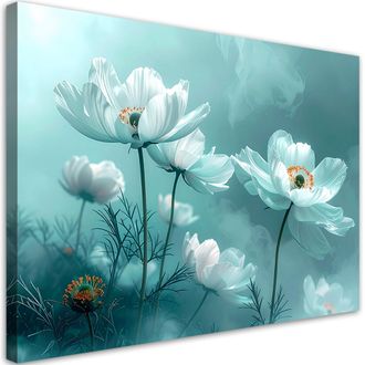 Feeby Cuadro En Lienzo Flores Turquesas En Una Delicada Composici&oacute;n De Acuarela 100x70
