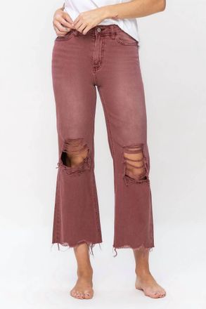 Flying Monkey High Rise Cropped Flare Distressed Jeans In Brown