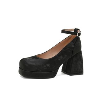 Generic Womens Suede Platform Pumps Adjustable Ankle Strap Round Toe Chunky Block Heel Non Slip Durable Comfortable Fashion Party Daily Shoes,Black,6.5 UK