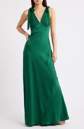 Wayf Ottilie Tie Strap Satin Gown in Emerald at Nordstrom, Size Large
