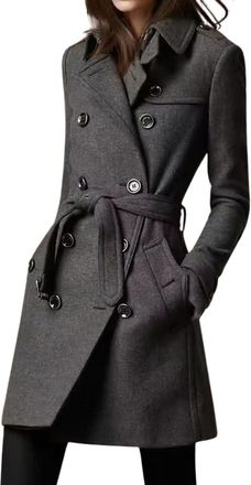 Generic Womens Fall and Winter Medium-length Classic Slim Double-breasted Wool Blend Coat Womens Elegant Business Casual Versatile Tweed Jacket (Grey,L)