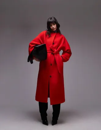 Arket wool belted midaxi coat with sculptural sleeves in red