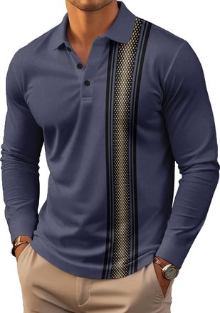 Generic Mens Polo Shirt Long Sleeve Vintage Striped Golf Shirt Lightweight Casual Collared Shirt (UK, Alpha, XXL, Regular, Regular, 14)