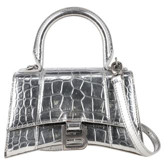 Balenciaga Balenciaga Hourglass XS Croco-geprint Handtas in Metallic Zilver Leer