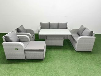 Fimous PE Rattan Garden Furniture Set Reclining Chair Sofa Double Love Seat 2 Seater Sofa Lounge Set Adjustable Lifting Dining or Coffee Table Big