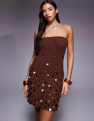 South Beach Vestito da mare corto a fascia in maglia marrone con paillettes