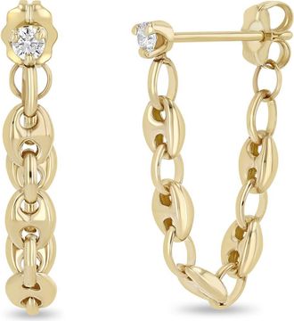 Zoë Chicco Diamond Puffed Mariner Chain Huggie Earrings in 14K Yellow Gold at Nordstrom
