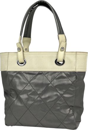 Chanel Gray Ivory Coated Canvas Handbag Tote Bag (Pre-Owned)
