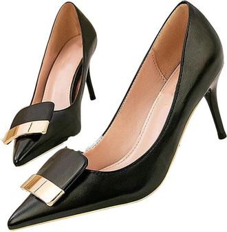 Generic Womens Soft Leather High Heel Pumps Pointed Toe Buckle Strap Office Work Dress Shoes Black