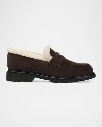 Vince Siena Shearling-Lined Suede Lug-Sole Loafers