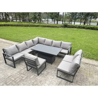 Fimous ALuminum 9 Piece Patio Set with Lifting Table & Cushions in Dark Grey