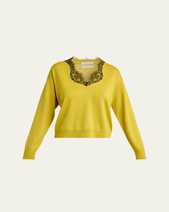 Valentino Garavani Lace-Trim V-Neck Cashmere Sweater