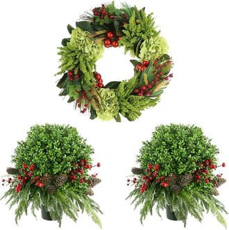Creative Displays Inc. Classic Christmas Holiday Set With 22In Wreath & 2 Uv Boxwood Drop-Ins