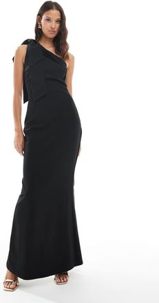 Pretty Lavish Vestito lungo da damigella monospalla nero in cr&ecirc;pe con fiocco