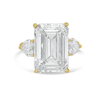 Diana M. Jewels 18kt Yellow gold Lab grown 5ct Emerald diamond ring with heart diamonds on the side and micropave band