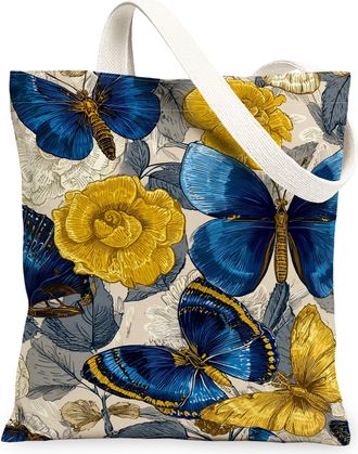 Generic Butterfly Floral Canvas Tote Bags, Stylish Insect Design Reusable Grocery Bags, Spring Vintage Lightweight Washable Shoulde, Blue, 13x15 Inch