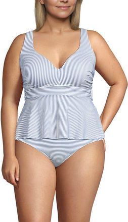 Lands End Sweetheart Belted Flutter Tankini in Soft Cloud Blue Mini Stripe at Nordstrom, Size 16W