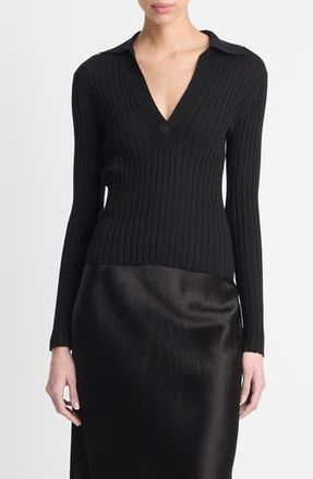 Vince Wool & Silk Blend Rib Polo Sweater in Black at Nordstrom Rack, Size Xx-Small