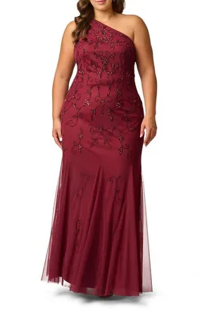 Adrianna Papell One Shoulder Beaded Gown in Mahogany at Nordstrom, Size 20W