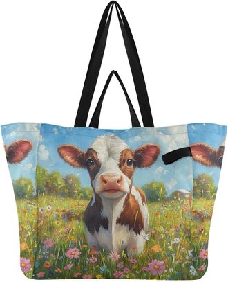 Generic Cow Green Plant pattern Reusable Canvas Tote Bag, Heavy Duty Grocery Shopping Bag with Large Capacity Hard Bottom Double Handles Work Groceries Travel