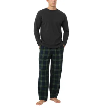 Lapasa Mens 100% Cotton Pajama Set Cotton Jersey Top & Flannel Bottoms M79 (Dark Grey + Dark Green & Navy Plaid, XX-Large)