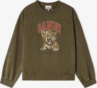Ganni Green Crewneck with Tiger - Size XXS Organic Cotton