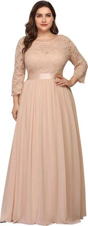 Ever-pretty Womens A Line 3/4 Sleeves Round Neck Lace Floor Length Elegant Plus Size Bridesmaid Dresses Blush 30UK