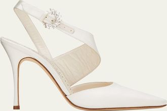 Manolo Blahnik Hafela Silk Asymmetrical Ankle-Strap Pumps