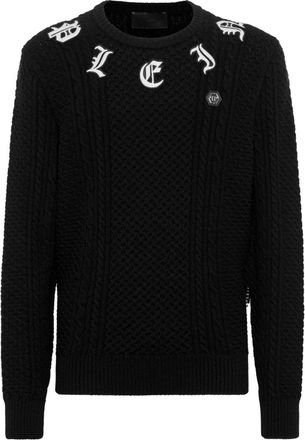 Philipp Plein Pullover Ronde Hals Monogram - Heren - Ronde hals truien - Zwart - 3XL - Wol - Truien & Vesten