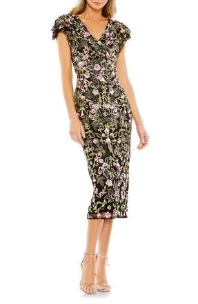 Mac Duggal Floral Embellished Flutter Cap Sleeve Dress in Black Multi at Nordstrom, Size 16