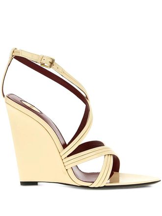 Saint Laurent 110mm leather cross-strap wedge sandals - women - Calf Leather/Rubber/Calf Leather/Calf Leather - 38.5 - Neutrals