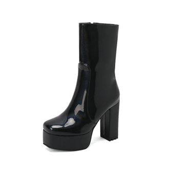 Generic Womens Chunky Heel & Platform Mid-calf Boots with Square Toe Side Zipper for Trendy Casual Wear,Black,6.5 UK