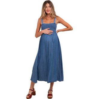 Pinkblush Smocked Chambray Tie Back Cutout Midi Dress in Blue at Nordstrom, Size X-Large