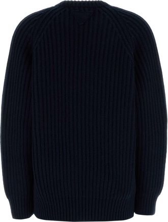 Prada Womens Wool Blend Ribbed Sweater Navy