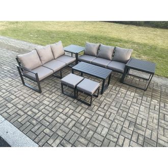Fimous Fimous Aluminium Patio Outdoor Garden Furniture Lounge Sofa Set with Oblong Coffee Table 2 Small Footstools 2 Side Tables Dark Grey