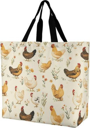 Generic Chickens And Flowers Reusable Shopping Bags One Shoulder Grocery Tote Bag Waterproof Big Purse for Work Travel
