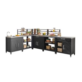 Sweeek Cocina exterior completa de acero inoxidable de 6 m&oacute;dulos, negro