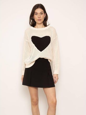 Central Park West Dove Open Stitch Heart Crew in Ivory Black at Nordstrom, Size Medium