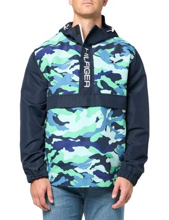 Tommy Hilfiger Mens Retro Lightweight Taslan Hooded Popover Water Resistant Windbreaker Jacket, Blue/Green Camouflage, L