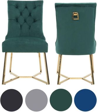 Life Interiors Set of 2 Green Ambra Modern Velvet Dining Chairs with Gold Legs & Ring Handle - Tufted Back, Plush Foam Seat, Luxury Accent Chair