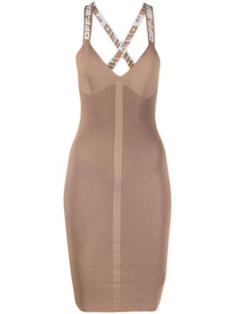 Off-white logo strap bodycon dress - women - Polyester/Polyamide/Spandex/Elastane - 36 - Brown