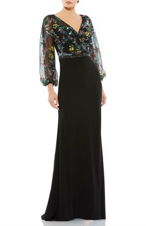 Mac Duggal Embroidered Illusion Puff Sleeve Column Gown in Black Multi at Nordstrom, Size 14