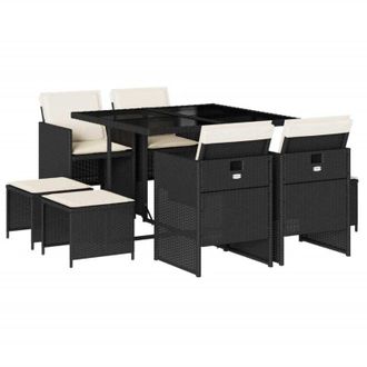 vidaXL vidaXL Set da Pranzo da Giardino 9 pz con Cuscini Nero in Polyrattan