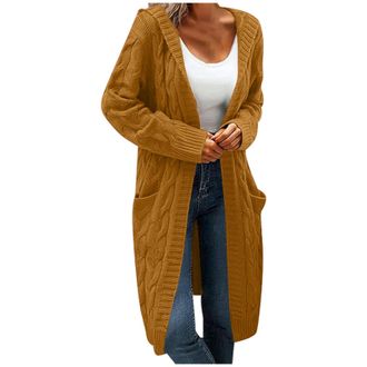 Generic Womens Cardigans Open Front Long Cardigan Double Pockets Hooded Knit Sweater Solid Color Loose Outerwear (UK, Alpha, XL, Regular, Regular, Yellow)