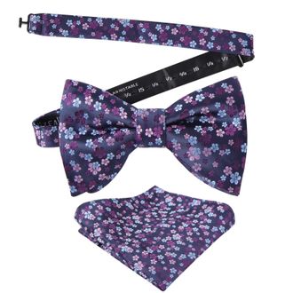 Alizeal Mens Floral Print Pre-tied Dickie Bow Tie and Hanky Set for Formal Causal Wedding Business Party Accessories, Navy+Purple+Blue