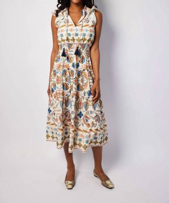 Sail to Sable Smock Waist Midi Dress In Geo Floral Border Print