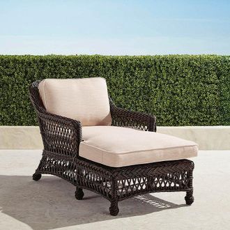 Frontgate Hampton Chaise in Black Walnut Wicker - Standard, Sailcloth Cobalt with Natural Piping - Frontgate